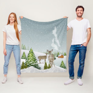Winter Landscape with Snow and Deer Cosy Fleece Blanket