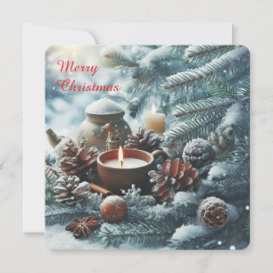 Winter landscape with snow and fir tree branch holiday card