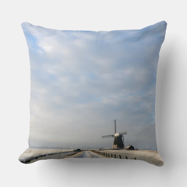 Winter landscape with snow and windmill in Holland Cushion (Front)