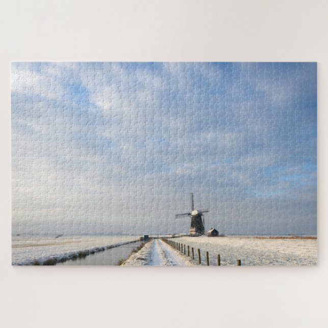 Winter landscape with snow and windmill in Holland Jigsaw Puzzle (Horizontal)