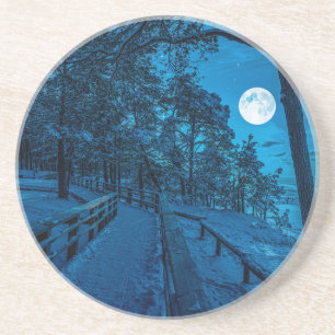 Winter landscape with snow covered pine forest coaster