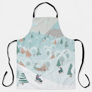 Winter landscape with snow, trees and children on apron