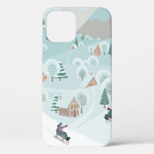 Winter landscape with snow, trees and children on  iPhone 12 case