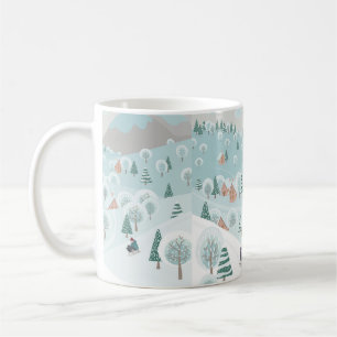 Winter landscape with snow, trees and children on coffee mug
