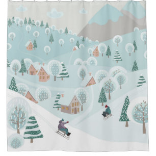 Winter landscape with snow, trees and children on shower curtain