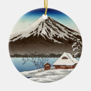 Winter landscape with view of Mount Fuji Ceramic Ornament