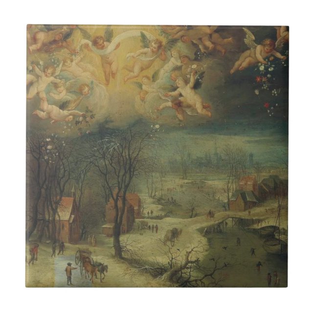 Winter Landscape With Villagers Gathering Wood Ceramic Tile (Front)