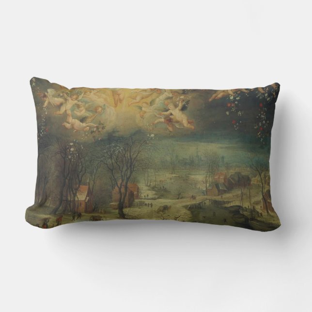 Winter Landscape With Villagers Gathering Wood Lumbar Cushion (Front)