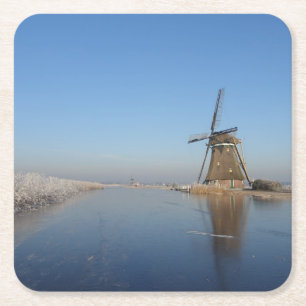 Winter landscape with windmill and ice square paper coaster