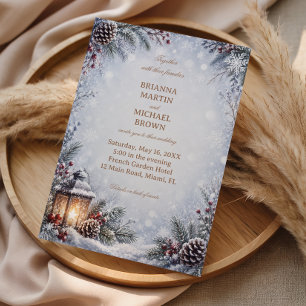Winter Lantern Pinecone Snowy Romance Invitation