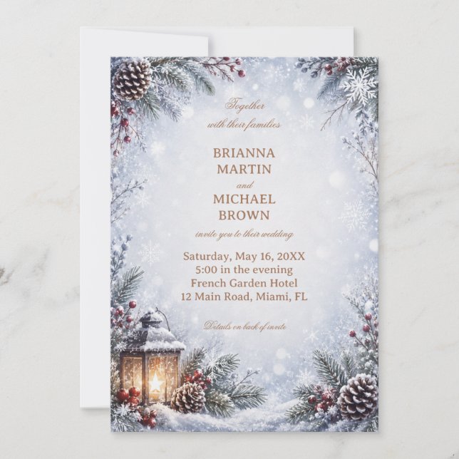 Winter Lantern Pinecone Snowy Romance Invitation (Front)