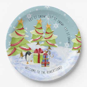 Winter Let it Snow Christmas Trees Penguin Name Paper Plate
