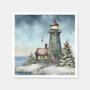 Winter Lighthouse Nautical Beach Christmas Holiday Napkin
