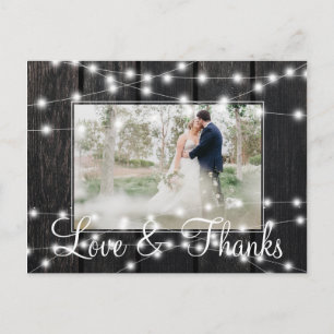 Winter lights barn wood photo wedding thank you announcement postcard