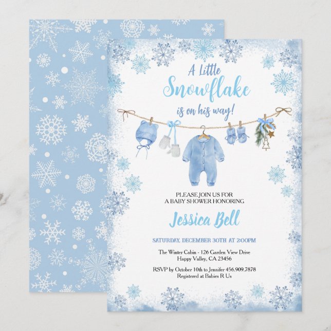 Winter Little Snowflake Baby Shower Boy Blue Invitation (Front/Back)