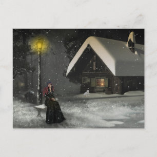 winter log cabin girl POSTCARD