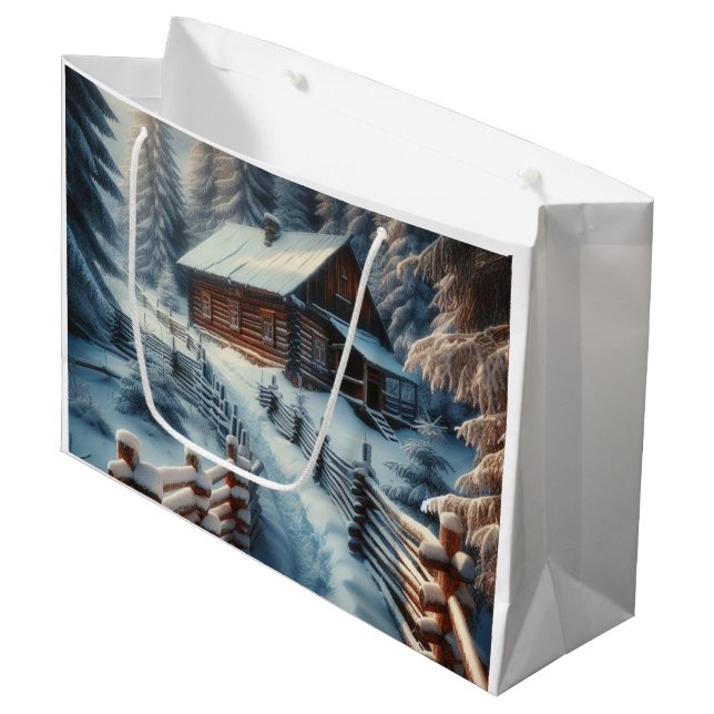 Winter Log Cabin on a Snowy Day Christmas Large Gift Bag (Front Angled)