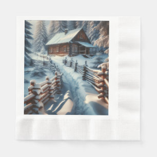Winter Log Cabin on a Snowy Day Christmas Napkin