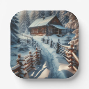 Winter Log Cabin on a Snowy Day Christmas Paper Plate