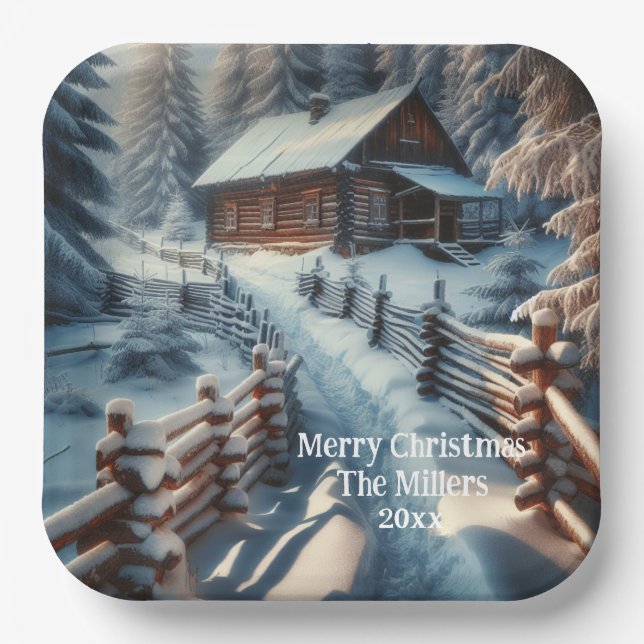 Winter Log Cabin on a Snowy Day Christmas Paper Plate (Front)
