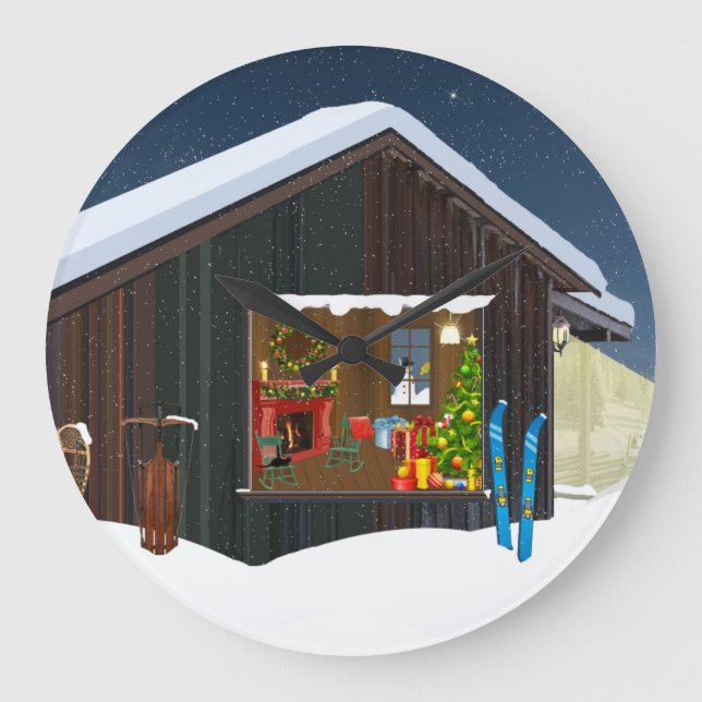 WINTER LOG CABIN SCENE WALL CLOCK (Front)