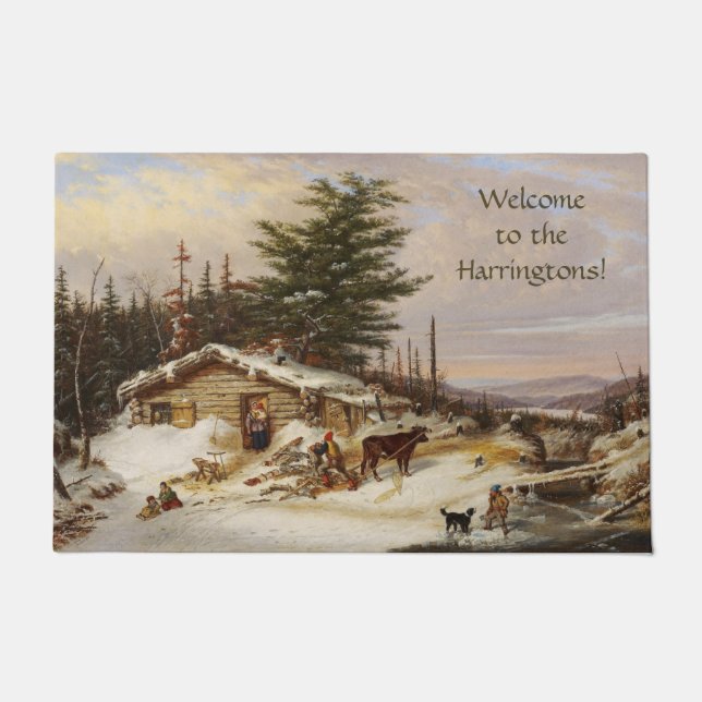 Winter Log House art custom text doormat (Front)