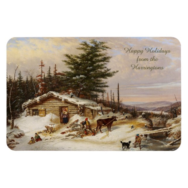 Winter Log House art custom text magnet (Horizontal)