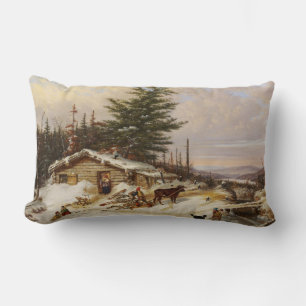 Winter Log House art throw pillow