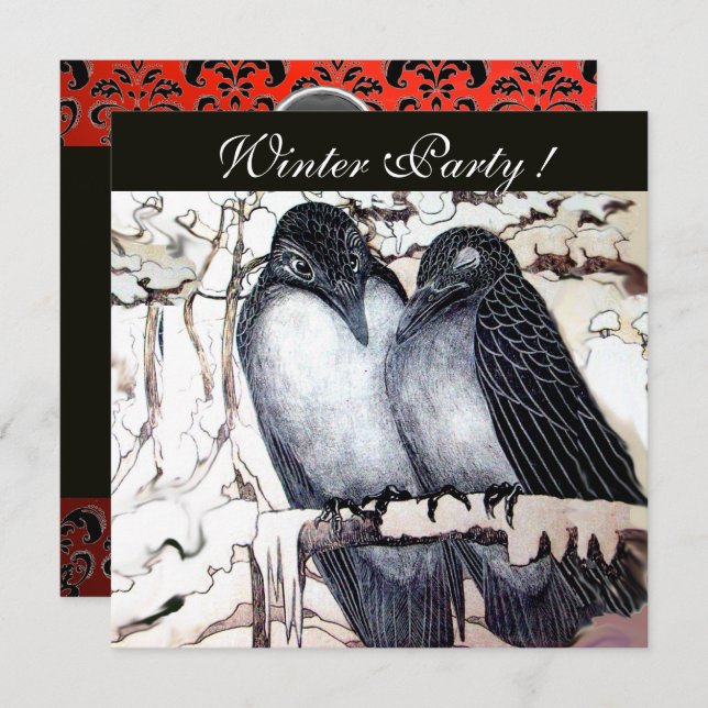 WINTER LOVE BIRDS BLACK WHITE RED DAMASK MONOGRAM INVITATION (Front/Back)