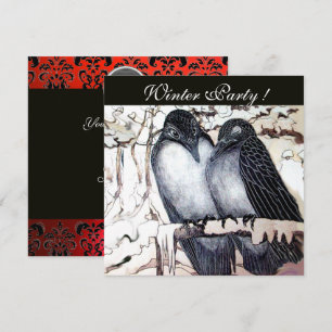 WINTER LOVE BIRDS BLACK WHITE RED DAMASK MONOGRAM INVITATION