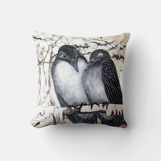 WINTER LOVE BIRDS IN SNOW Black and White Drawing Cushion (Front)