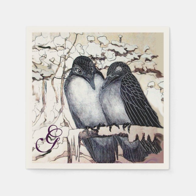 WINTER LOVE BIRDS IN SNOW MONOGRAM Black White Napkin (Front)