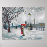 Winter lovers snow London Thames Big Ben painting