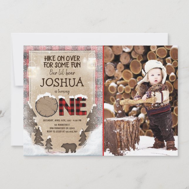 Winter Lumberjack Birthday Invitation Woodland (Front)