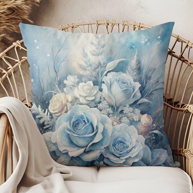 Winter Magic Blue Rose Floral Pillow (Winter Magic Blue Rose Floral Pillow in a boho rattan armchair.)