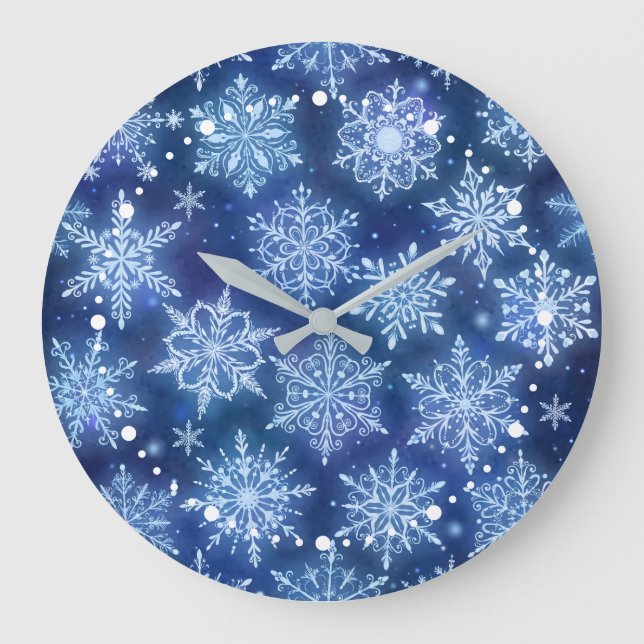 Winter Magic Snowflakes Deep Blue Sky Large Clock (Front)