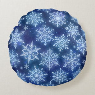 Winter Magic Snowflakes Deep Blue Sky Round Cushion