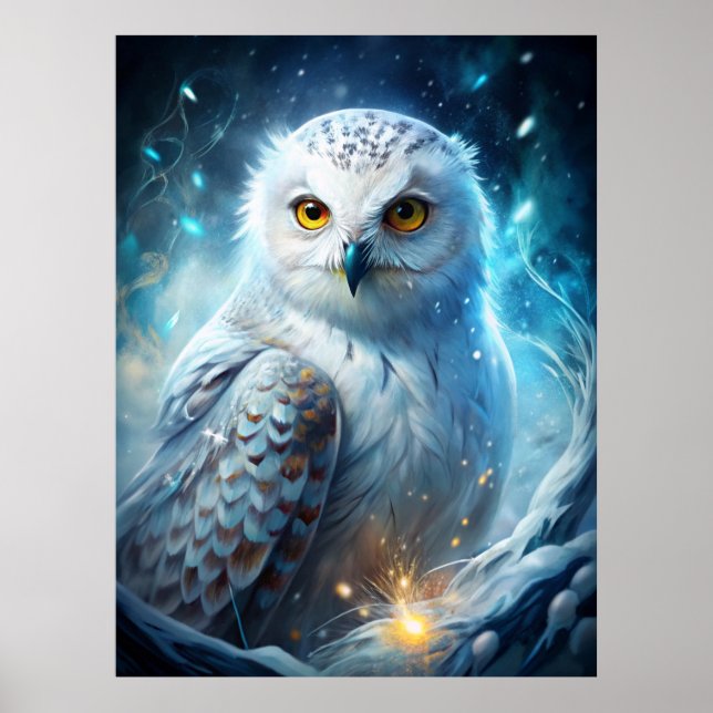 Winter Magic Snowy Owl – Mystical Blue Forest Poster (Front)