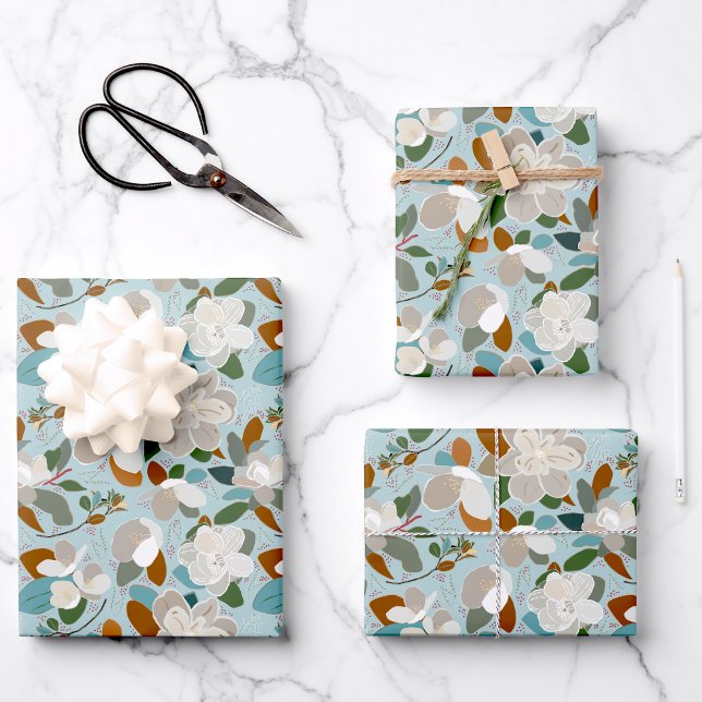 Winter Magnolia Floral Blue Grey Wrapping Paper Sheet (Winter Magnolia Floral Blue Gray Wrapping Paper Sheets from Studio Posies. )