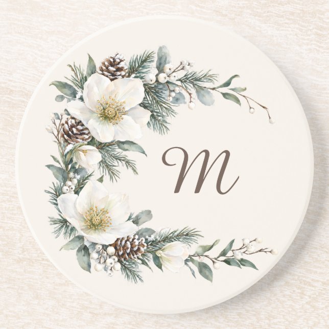 Winter Magnolia Monogram Coaster (Front)