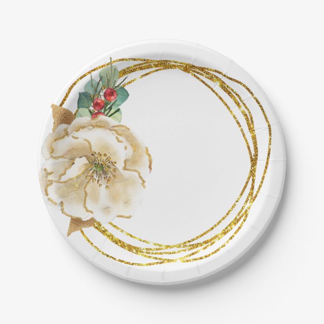 Winter Magnolia with Gold Glitter Wreath Paper Plate (Front)