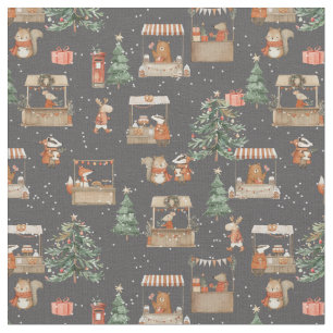 Winter market street festival with animal friends  fabric