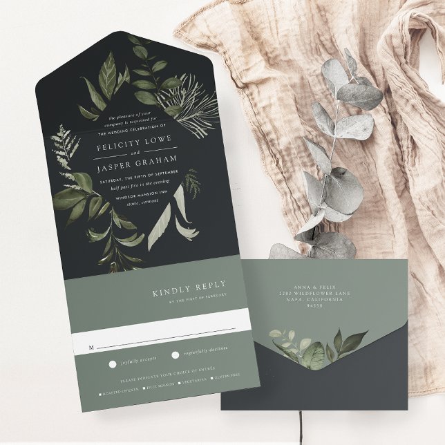 Winter Meadow Green Botanical Frame Wedding All In One Invitation (Creator Uploaded)