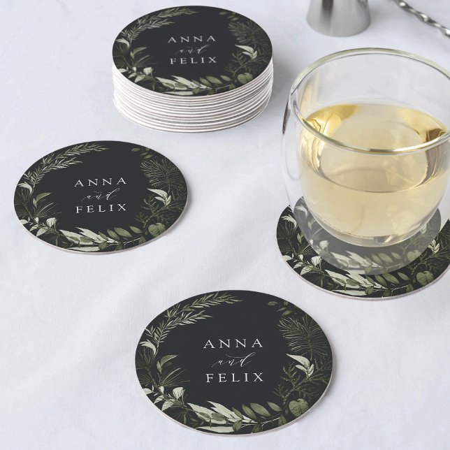 Winter Meadow Green Botanical Personalised Wedding Round Paper Coaster (Creator Uploaded)