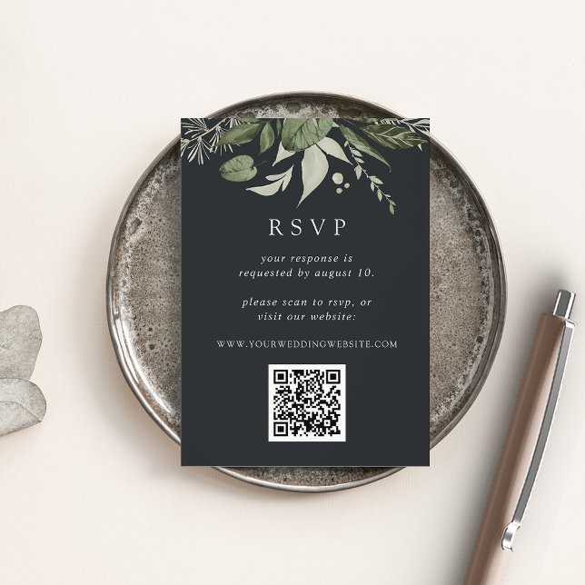 Winter Meadow Green Botanical QR Code Wedding RSVP Enclosure Card (Creator Uploaded)