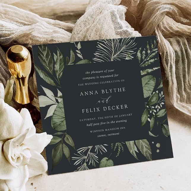 Winter Meadow Square Green Botanical Frame Wedding Invitation (Creator Uploaded)