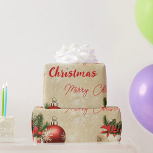 Winter Merry Christmas Pine Tree Red Glass Balls Wrapping Paper