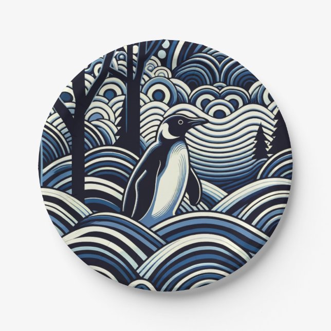 Winter Midnight Blue Abstract Shape Forest Paper Plate (Front)