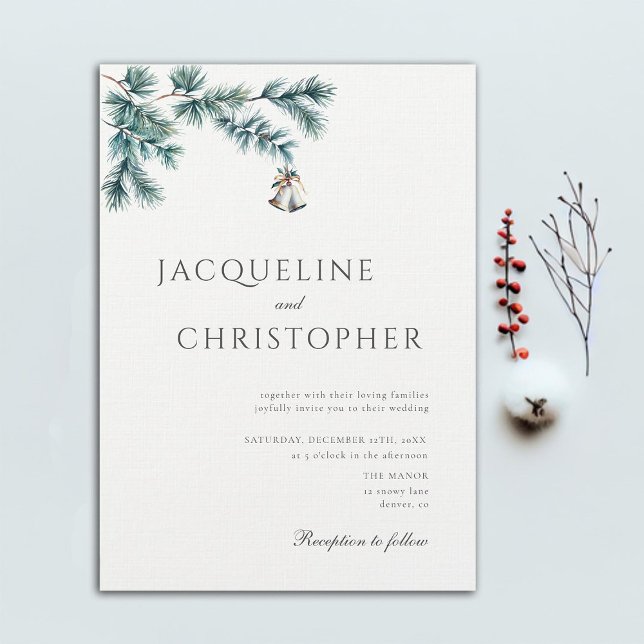 Winter Minimalist Pine Elegant Chic Wedding Bells  Invitation (minimalist winter wedding invitation botanical pine branch elegant modern classic christmas bells)