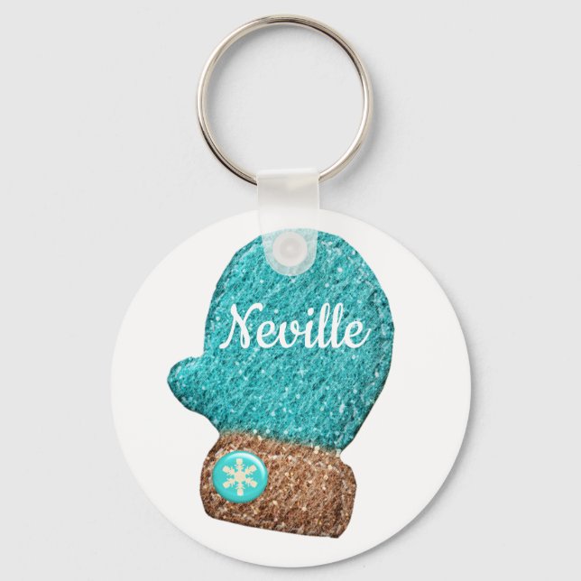 Winter mitten cute snowflake blue brown white key ring (Front)